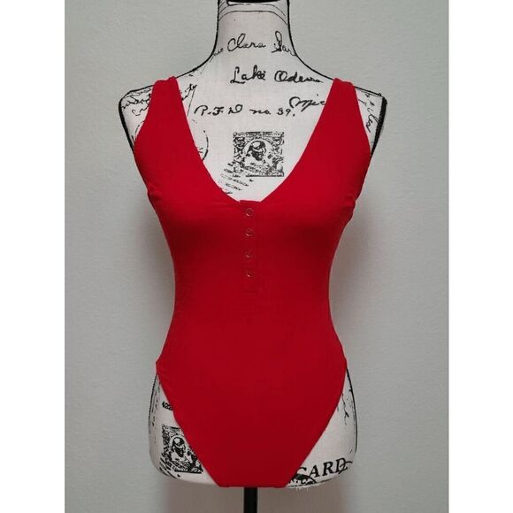❤️ FREE PEOPLE Larissa Tank V-Neck Thong Snap Button Red Bodysuit SIZE S - Picture 12 of 16